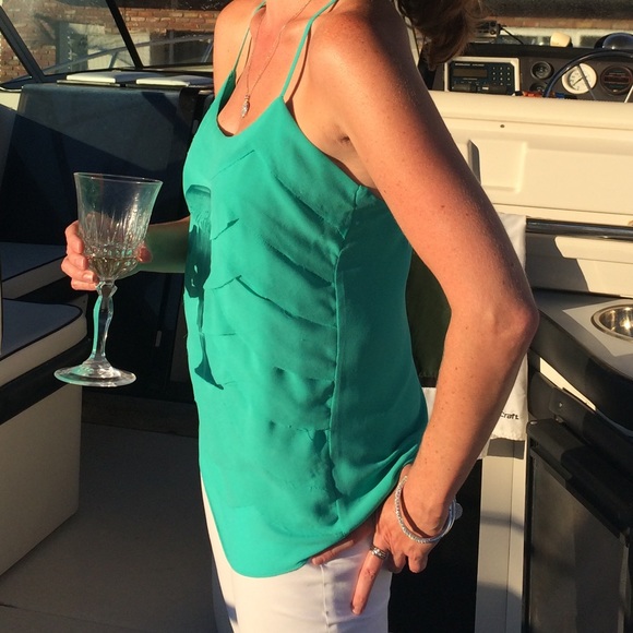 Aqua Halter Tank Top Strappy Ruffle Flutter Scoop Neck Mermaid Nautical Dressy - Picture 2 of 7